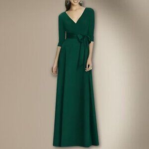 Alfred Sung Wrap Style Gown Long Sleeve V Neck Jersey Mikado Hunter Green W 2